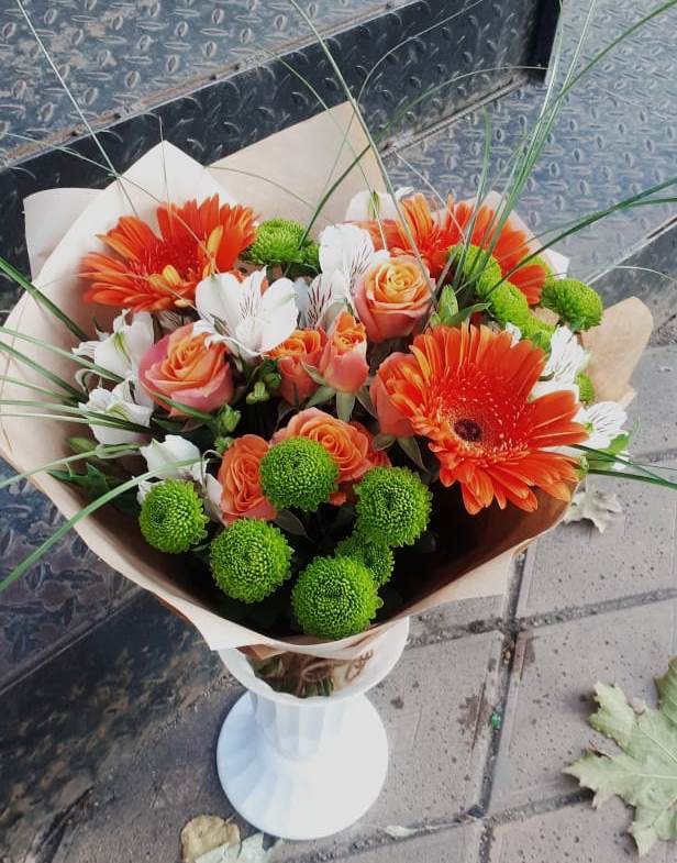 Букет цветов из: Герберы, Хризантемы, Альстромерии и Розы в Полянах Рязанская область