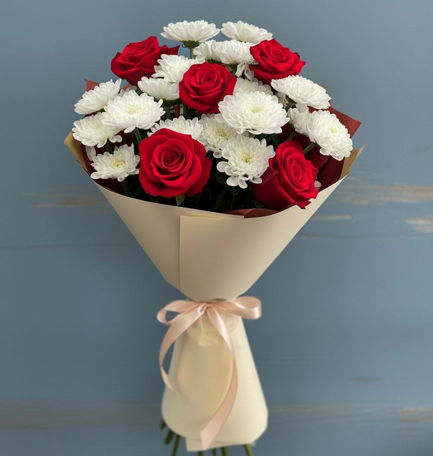 Букет цветов из: Розы и Хризантемы в Полянах Рязанская область