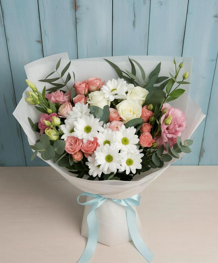 Букет цветов из: Розы, Лизиантусы и Хризантемы в Полянах Рязанская область