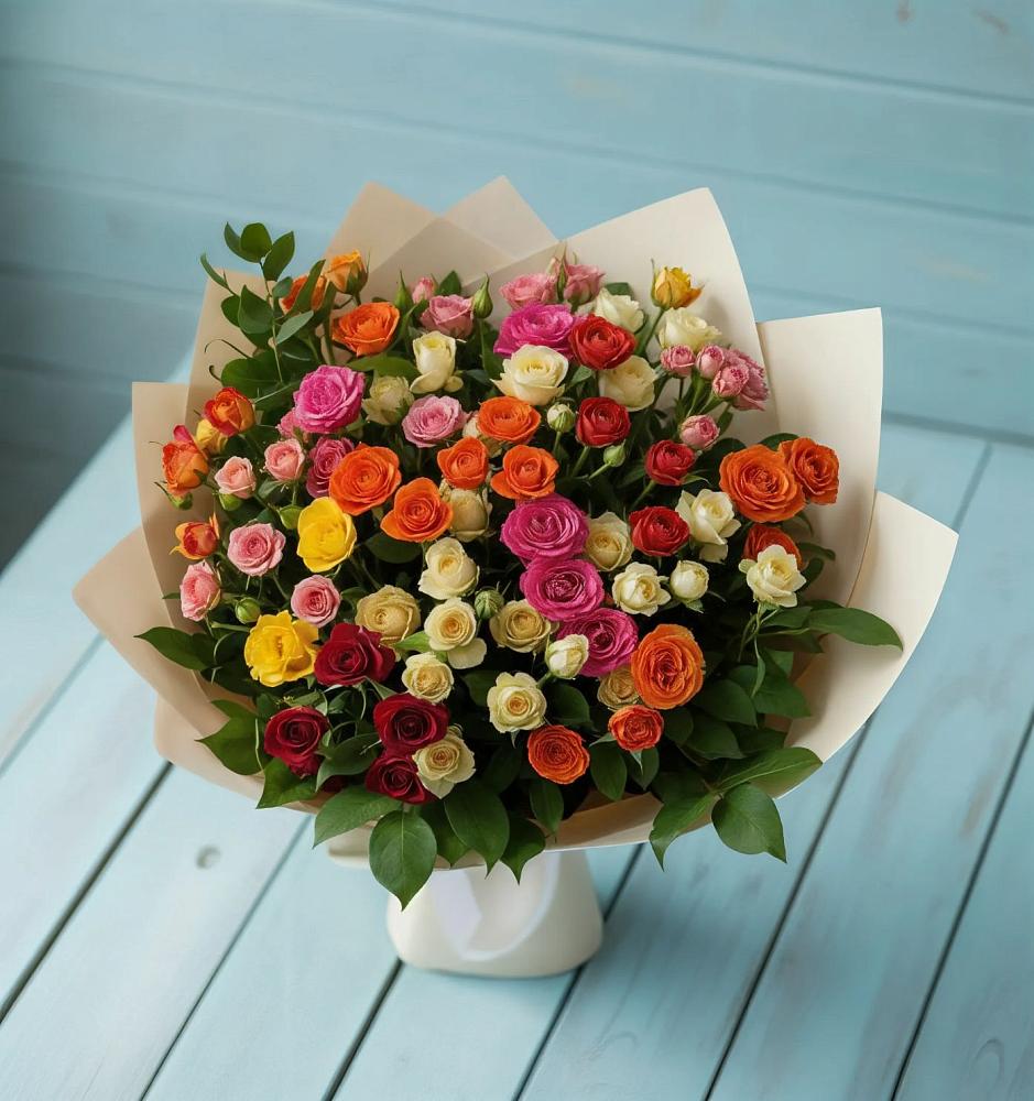 Букет Микс из разноцветных кустовых роз в Полянах Рязанская область