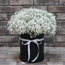 Цветочная композиция из Гипсофила в шляпной коробке в Полянах Рязанская область