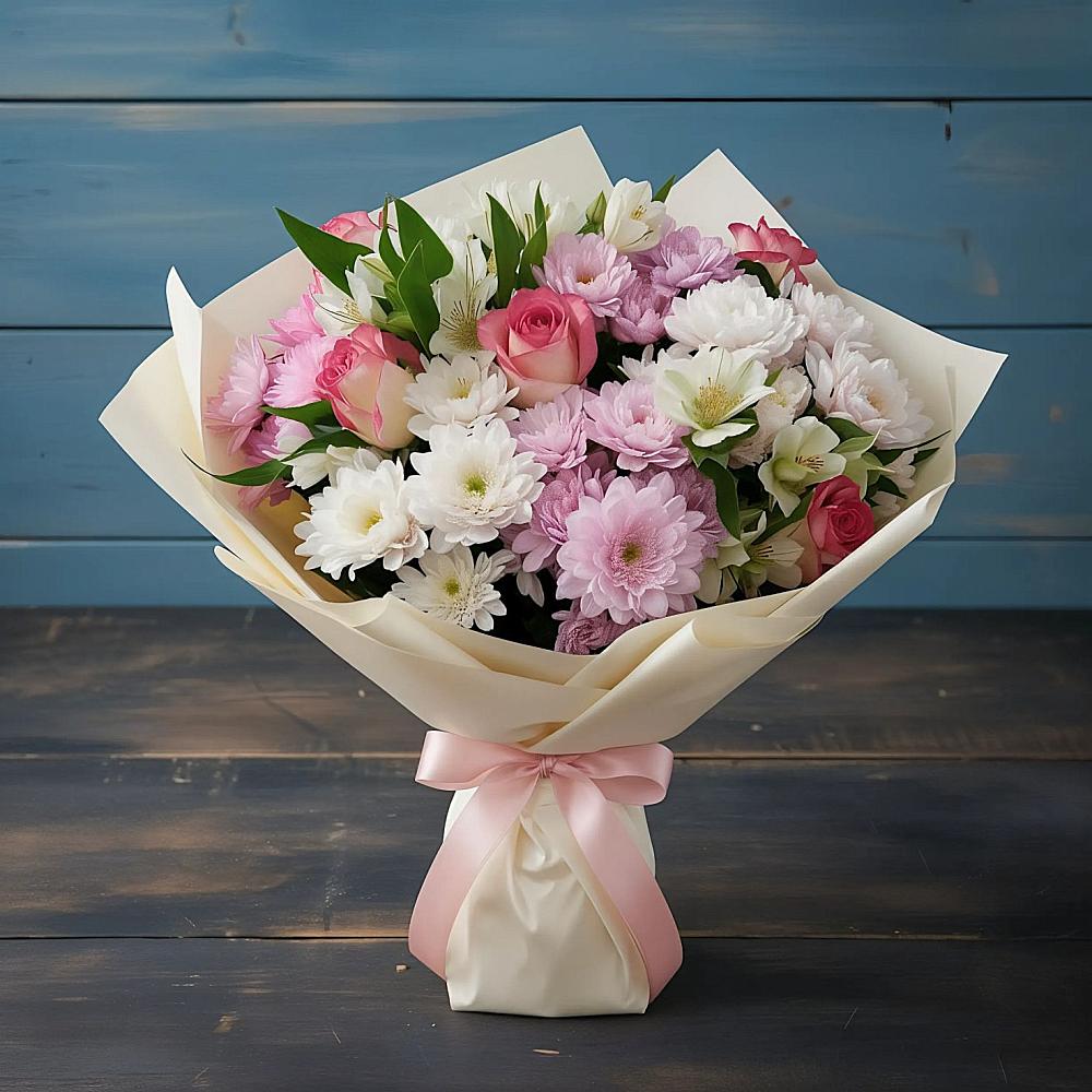 Букет цветов из: Хризантемы, Альстромерии и Розы в Полянах Рязанская область